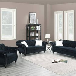 Brand Plush Black Velvet 3pc Sofa Set (Pillows Included)