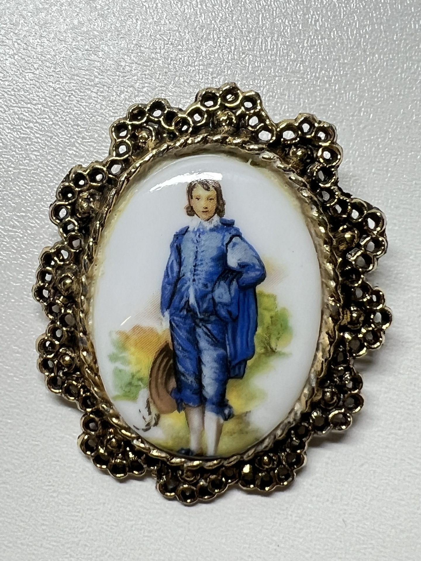Vintage Porcelain Brooch Pin Victorian Boy in Blue Gold Toned Frame