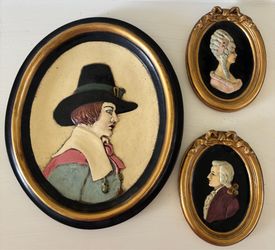 Set of 3 Oval Portrait Wood Plaques Relief Wall Hanging, Signed Sigal