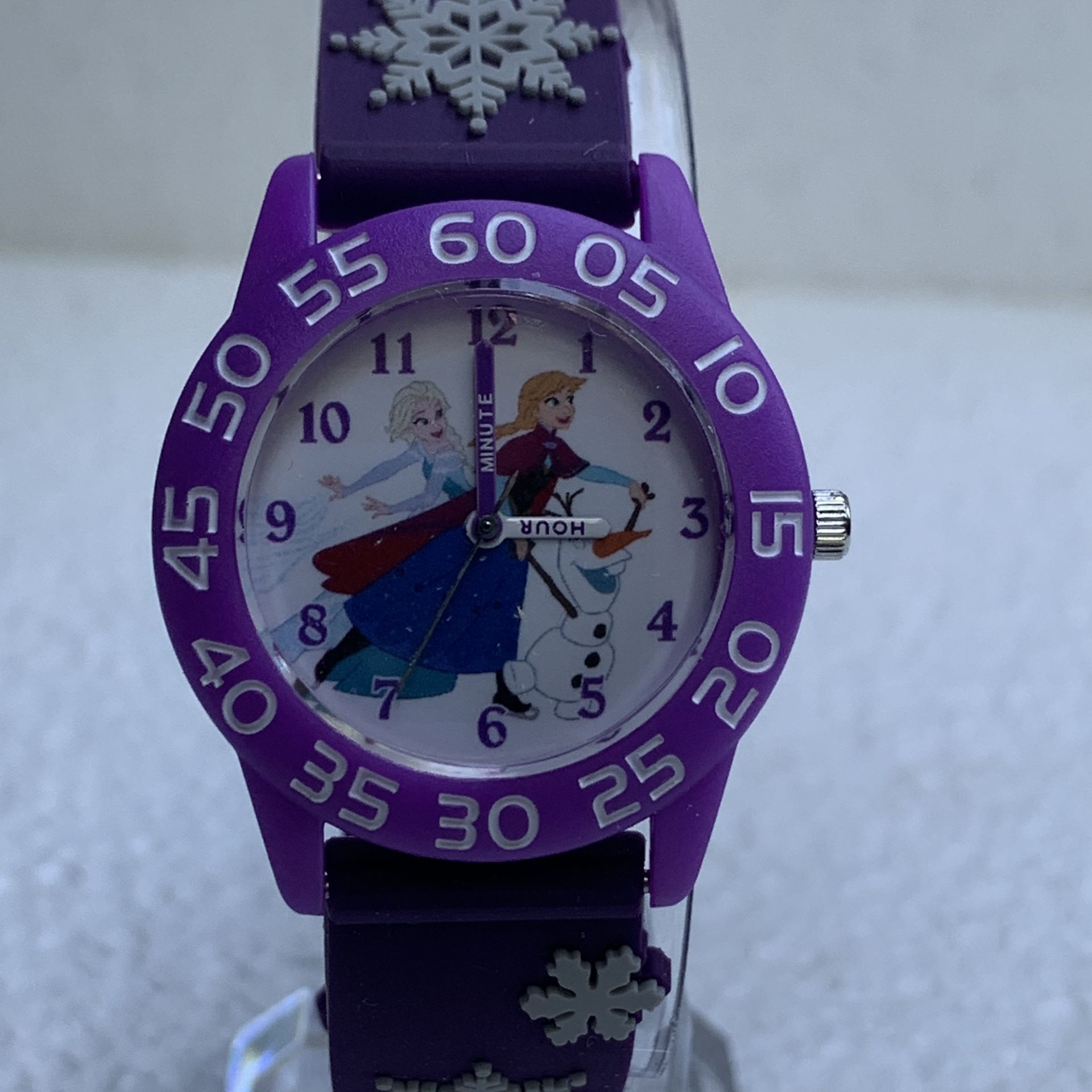 Disney Frozen Elsa and Anna and Olaf Girls' Purple Time Teacher Watch, 3D Strap