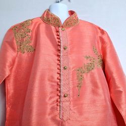 Varraja Ethnics Mens Coral Peach Gold Embroidered Kurta Tunic Wedding Diwali