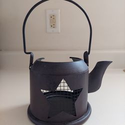 9"  Brown Metal Tea Kettle Candle Holder with Wire Mesh Star Front. New old stock. Makes a great holiday Christmas gift or stocking stuffer. Ships via