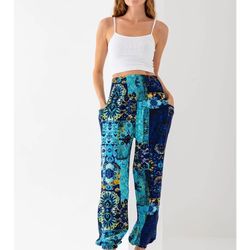 🧿Blue Ethnic Print Women’s Harem Yoga Pants – 100% Viscose – Double Pocket 
