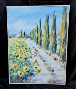 Canvas Art by Jablonski Sunflowers Cypress Trees Tuscany Italy 31 x 42 NEW