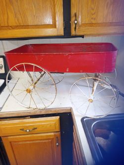 Antique little red wagon possible 1920's yard cart Christmas cart pre radio flyer