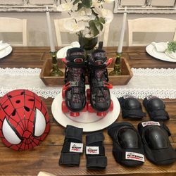 Children’s adjustable skates size 12-2, Spider-Man Helmet and Wipe Out adjustable Pads Bundle Lot