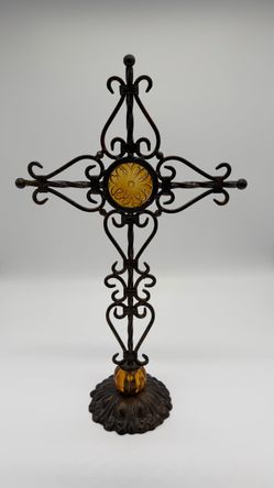 Ornate Metal Standing Cross with Amber Center