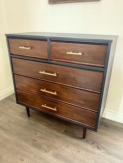 Vintage Dixie Mid-Century Modern 5-Drawer Tall Dresser – Refinished Black & Walnut, Gold Pull