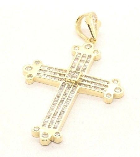 Mens Women's 14K Yellow Gold Cross Round baguette Diamond Pendant 22g #20535B