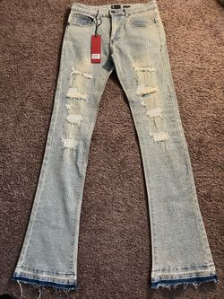LITE BLUE RINESTONES  STACKED JEANS 30/32 NEW