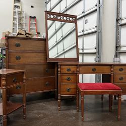 Vintage Desk (with Mirror & Bench), Dresser,  Side Table