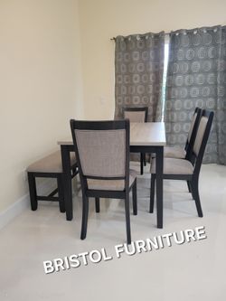 ❇️ Dining Set 6 Pc, Black Color, Top Gray, Fabric Upholstered, New In The Box.