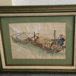 Vintage Framed Chinese/Japanese Woodblock Print Or Watercolor Rubbing On Paper