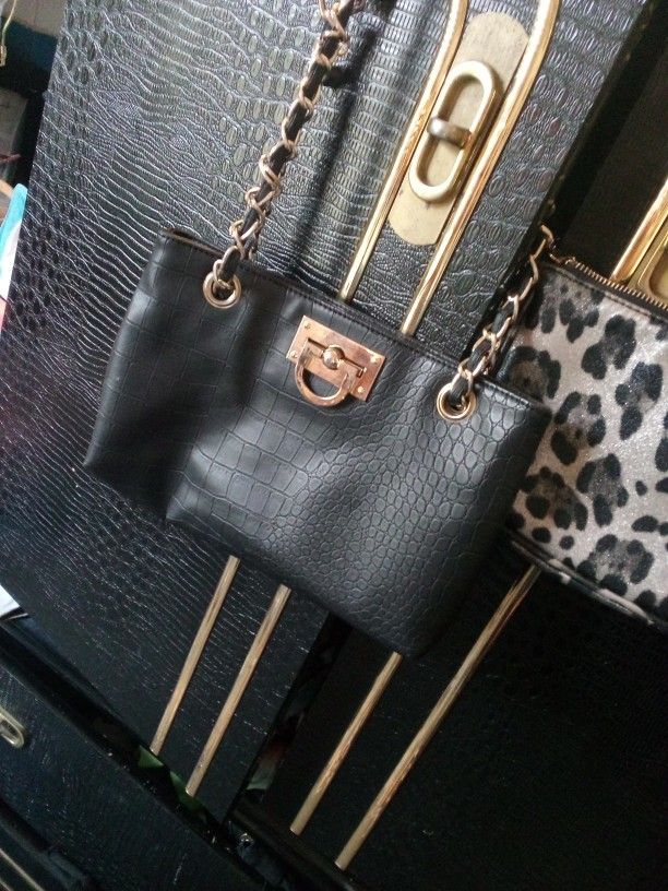 Black And Gold Alligator Print Handbag