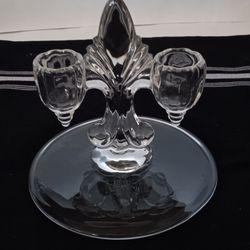 VINTAGE Art Deco Fleur De Lis crystal glass double candle holder $10 FIRM