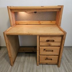 Kids solid wood bunkhouse desk with drawers and hutch with light