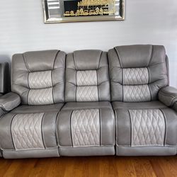 Grey Leather Power Recliner Sofa