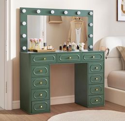 Green Vanity Table with Lighted Mirror and Drawers