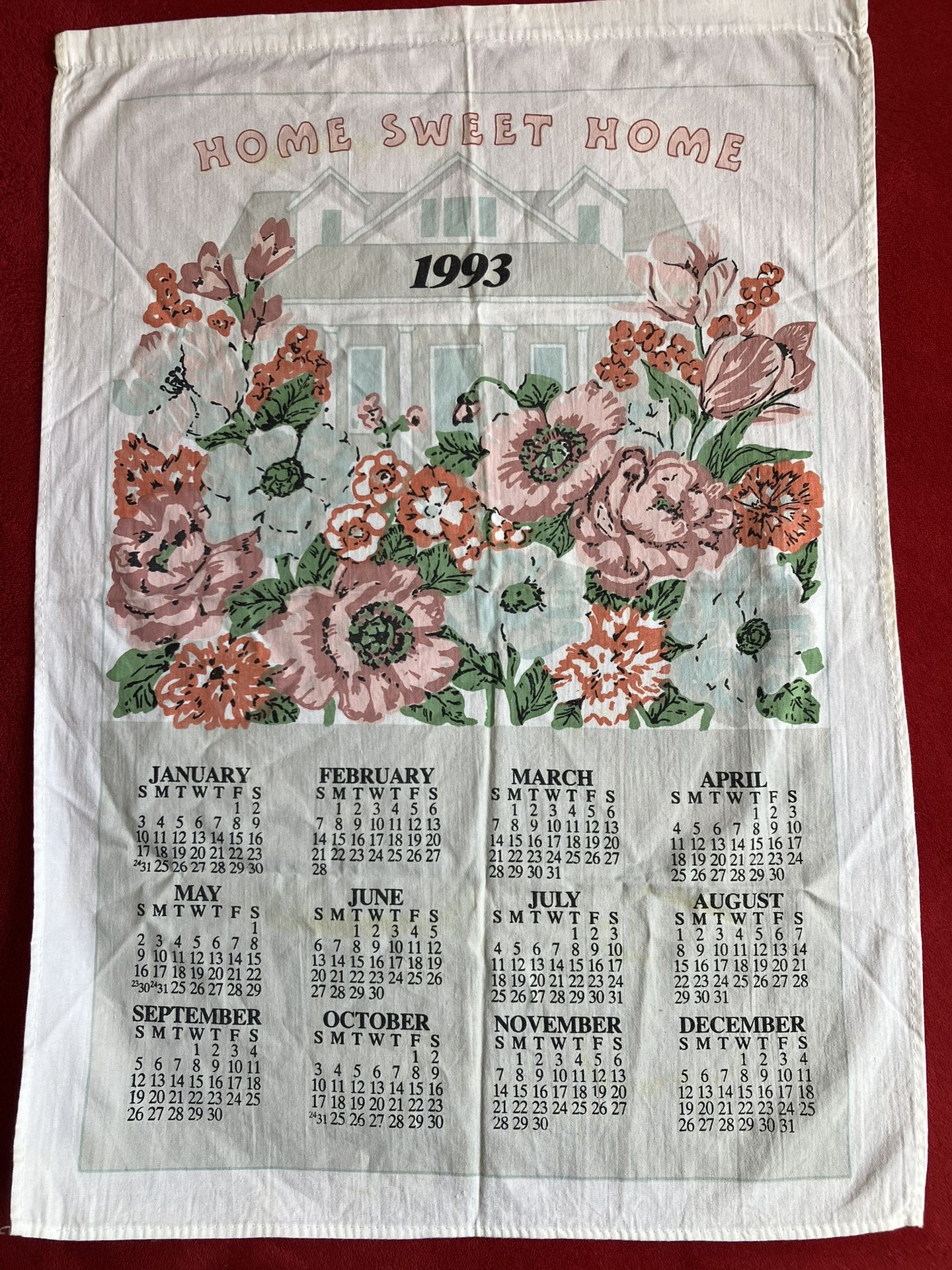 VINTAGE - NEW - LINEN CALENDAR 1993 FLOWER KITCHEN TEA TOWEL - 15"W x 28"H ‼️ Have Some Yelpw'ish Marks Due To Old Age ‼️