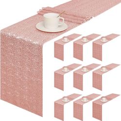 6 Packs 12”x112” Inches Sequin Table Runner, Glitter Rose Gold Table Runner for Birthday Party Supplies Wedding Holiday Celebration Event Decorations