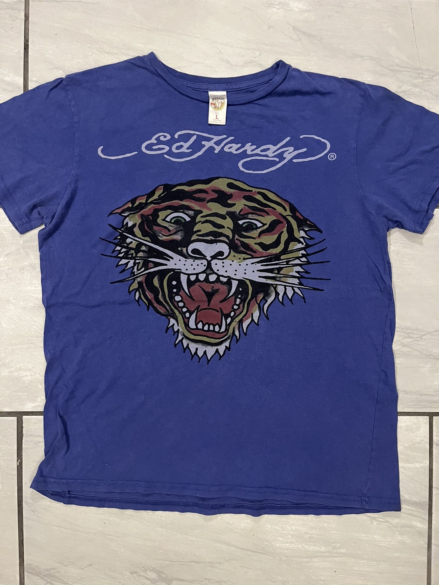 Ed Hardy Shirt Tiger Print Short Sleeve Tee Women Large Y2K Purple Vintage