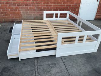 Extendable Daybed, Twin to King Bed Frame, White Bed with Storage Drawers