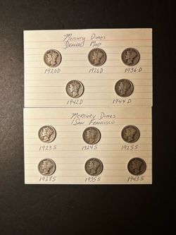 Coins - Mercury Dimes – 90% SILVER- 1920’s decade and 1930’s decade and and 1940’s decade - Total 11 Coins