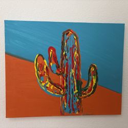 Original Colorful Cactus Painting Signed By Artist S.R. 