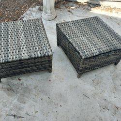 Pair  Wicker Outdoor Side Tables Ottomans