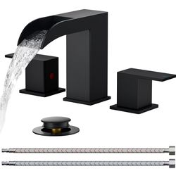 FORIOUS Matte Black Bathroom Faucets 3 Hole, 8 Inch Widespread Square Waterfall
