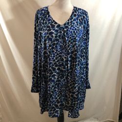Jessica London Blue Animal Print Long Sleeve Blouse - Womens 22W, Bust 26”, length 35.5”
