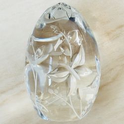 Vintage Hand Cut Polish Lead Crystal Egg Paperweight 24% PbO Floral Clear Poland