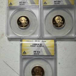 Under melt 1988 $5 gold coins approx 1/4oz  gold pr69dcam Anacs graded coins