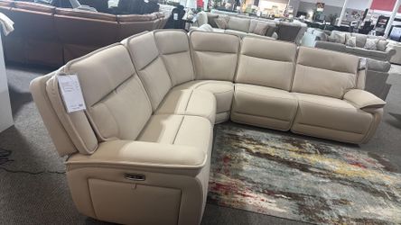 Cream Leather Power Reclining Sectional Sofa