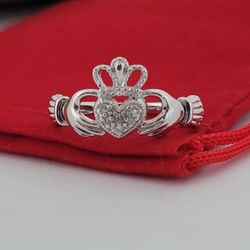 10k White Gold Diamonds Claddagh Ring Size 6 Solid Gold