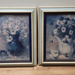 Two Original Floral Flower Paintings Vintage Signed MCM French Country Cottage 1970s