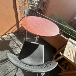 Cherry laminate wood high table w/ brushed metal base & 2-pack tall black ventilated chairs