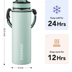GOSWAG Insulated Sports Water Bottle, 24oz 2 Lids(with Straw/No Straw), Stainless Steel Water Bottles with Paracord Handle, Insulated Bottle with Doub