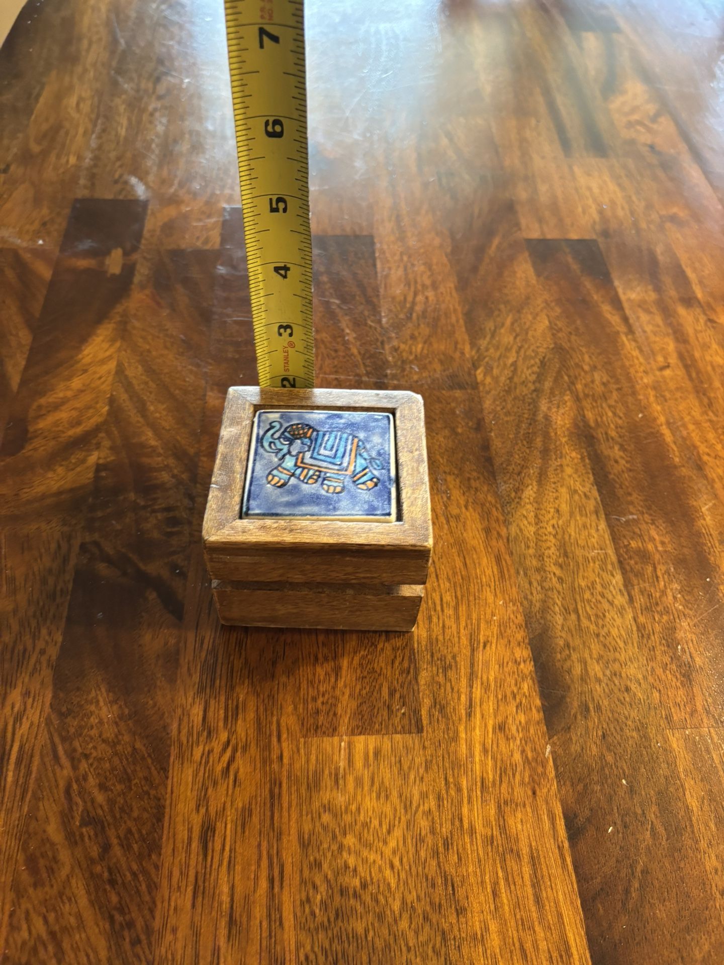 Lucky Elephant Crushed Gemstone Painting Hinged Wood Trinket Box