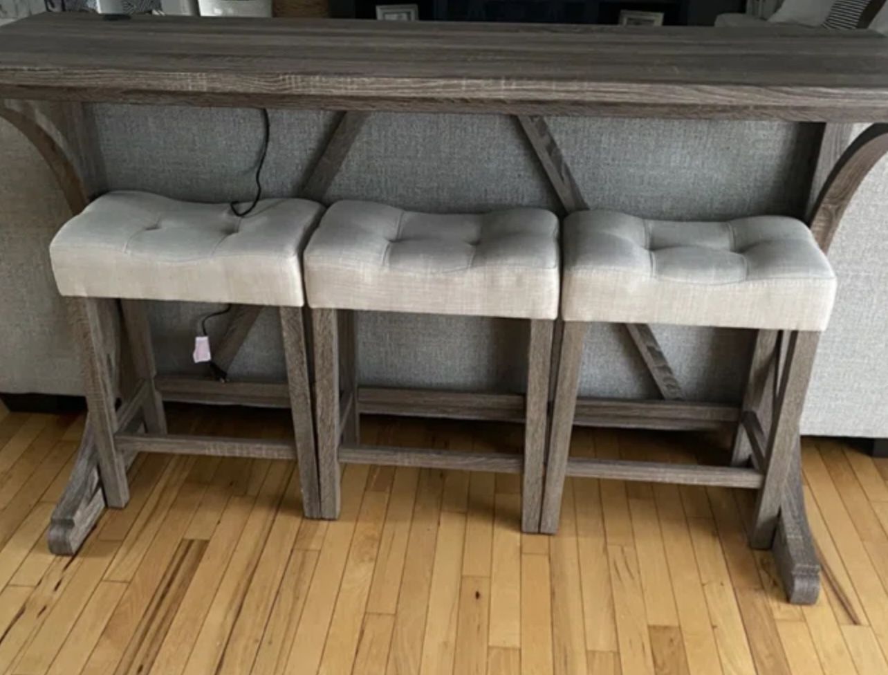 3-Piece Solid Wood Bar Table Set, 59" Wide With USB Charging Port And Backless Stools, Brown/ Beige