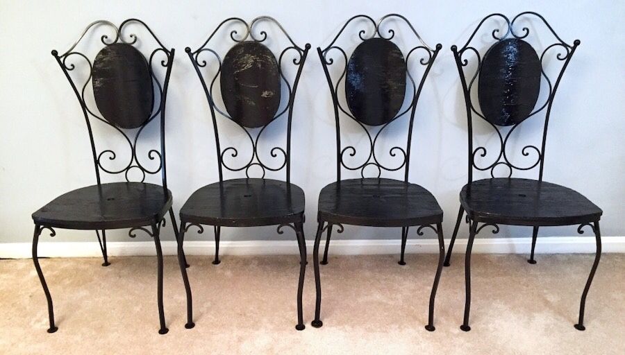 4 Black Heavy Wrought Iron and Wooden Chairs