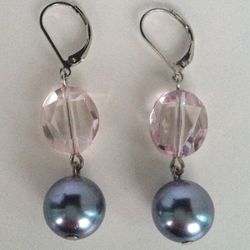 Black round Tahitian faux pearl dangling earrings with pale pink oval shape faceted crystal and lever back clasp