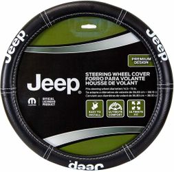 BRAND New Universal Official Licensed Jeep Deluxe Leather Steering Wheel Cover – Car Truck SUV & Van, Universal Size Fit 14.5"-15.5"