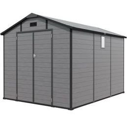 New in Box 8x10 FT Plastic Outdoor Storage Shed Lockable Resin Tool Shed w/ Window & Floor Dark Gray