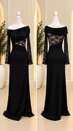 Black Off-Shoulder Lace Evening Maxi Dress
