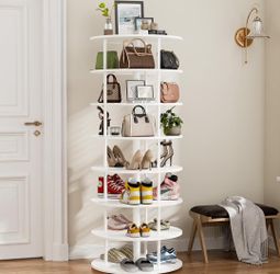 7 Tier Rotating Multi Purpose Shoe Organizer Rack Tower, Lazy Susan, 360° Spinning, White