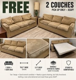 FREE – 2 Large Couches / Sofas – One Is a Sofa Bed – Pickup ASAP
