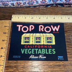 Top Row California Vegetables Crate Label Art Schuman Farms Watsonville Ca. 