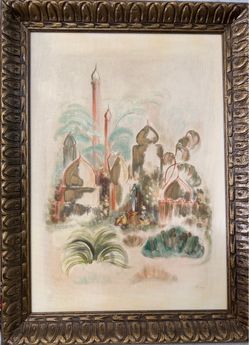 Two Framed Orientalist Watercolor Print in Gold Frame 34”x25”