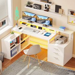 L Shaped Desk with 3 Drawers, 65" Corner Computer Desk with Power Outlets